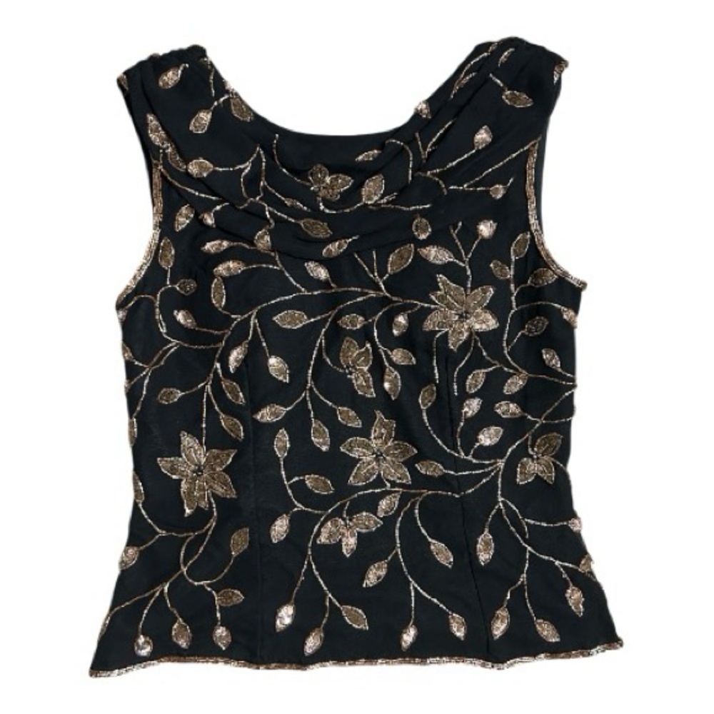 Andretta Donatello Classic Silk Beaded Blouse  Size M Black
